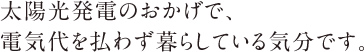 太陽光発電のおかげで、電気代を払わず暮らしている気分です。